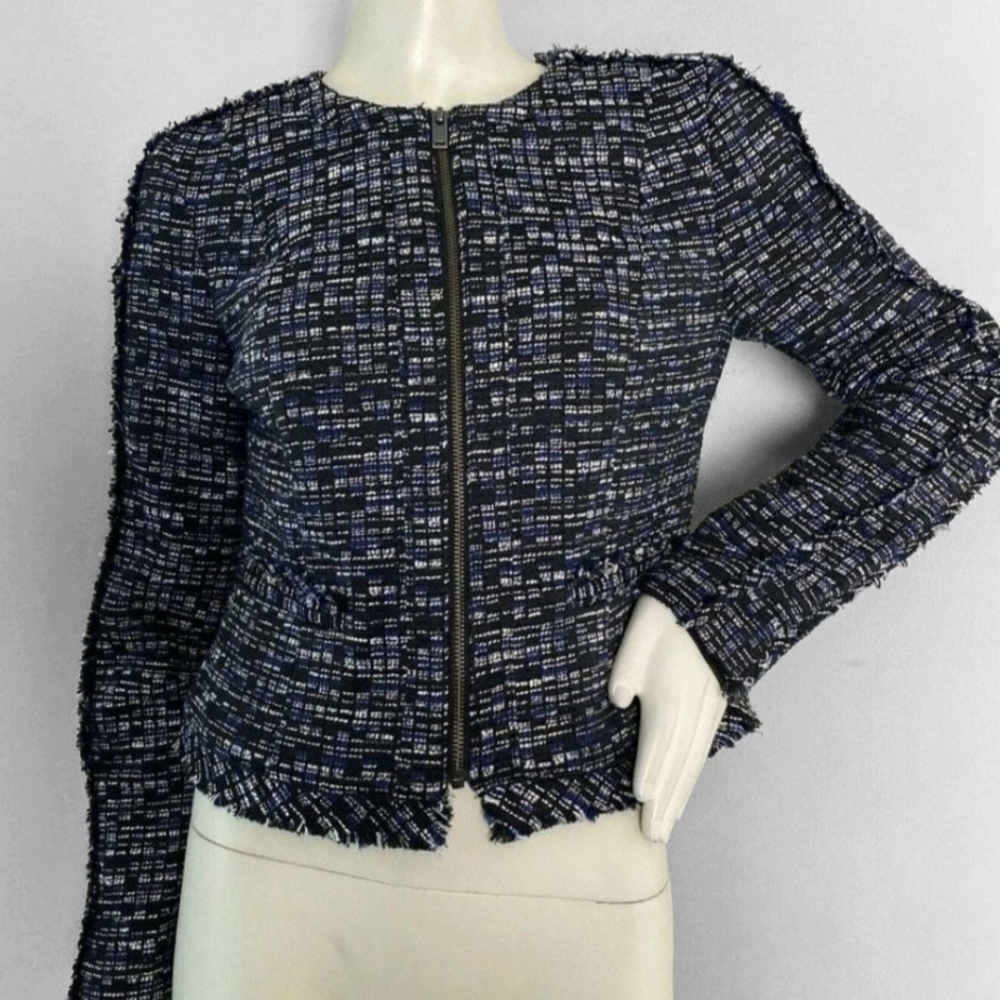 Banana Republic Tweed Zip Up Fringe Navy Off white Cotton Blend Jacket Blazer 4 - Picture 2 of 15
